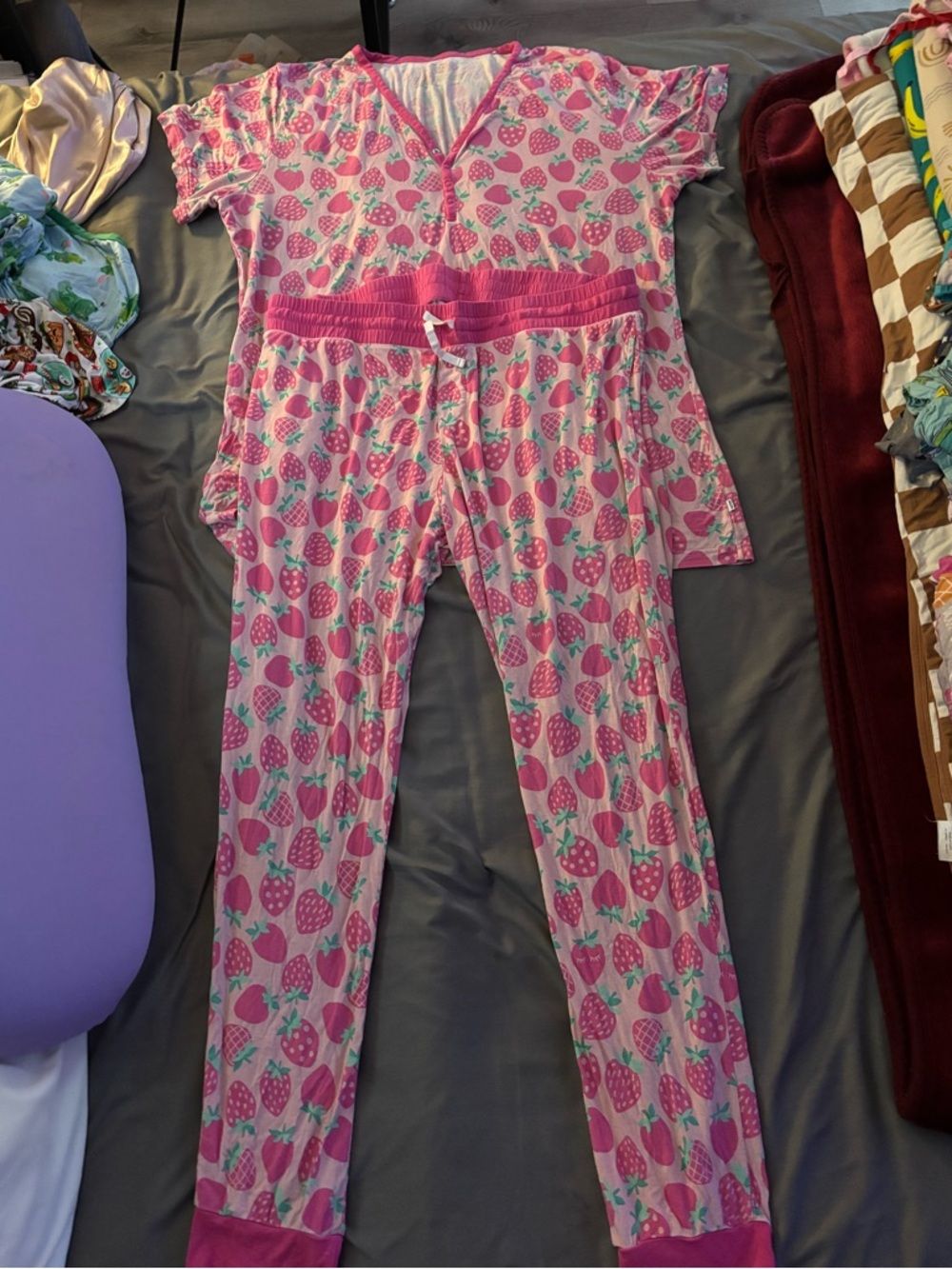 Little Sleepies Pink Strawberry Print Pajama Set with Bright Pink Trim